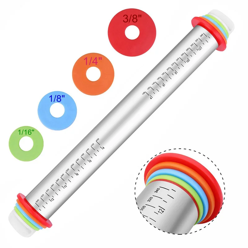 

Adjustable Stainless Steel Rolling Pins Dough Roller with 4 Removable Adjustable Thickness Rings for Baking Dough Pizza Pie