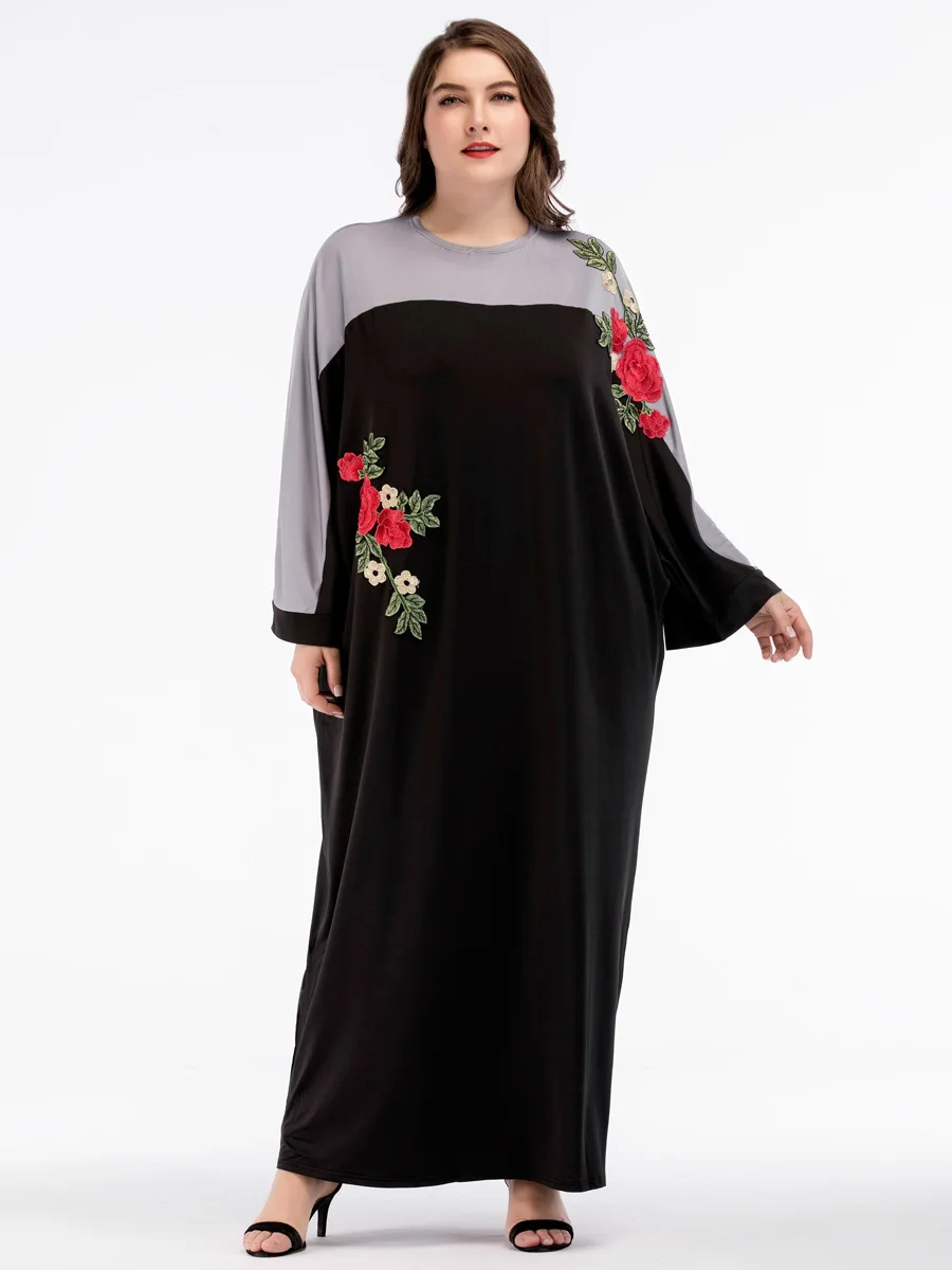 Черный Moslim Abayas Для женщин Дубай Костюмы цветы вышивка 2018 длинное платье Кафтан