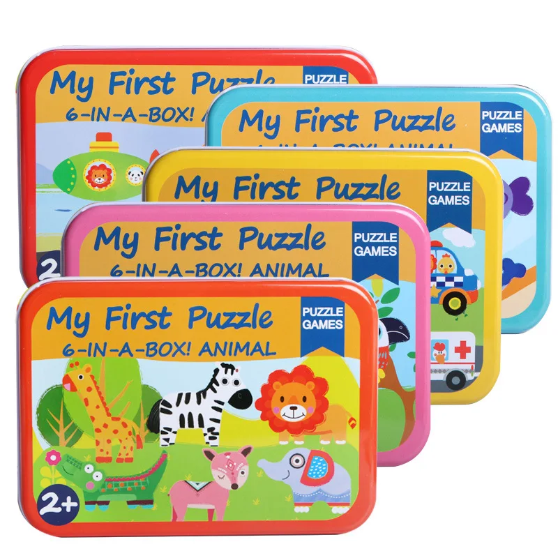 Children's Early Education Cognition Wood Puzzle Six-in-one Iron Box My First Jigsaw Puzzle Toys Cartoon Cartoon Wood Toy Gifts