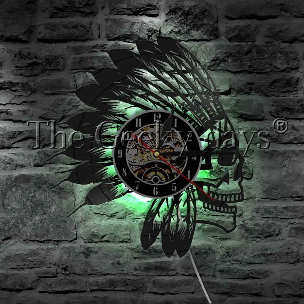 

Indian Warrior Apache Skull Vinyl Record Wall Clock Native American Fighter Skull Feathers Headband LED Night Light Table Lamp