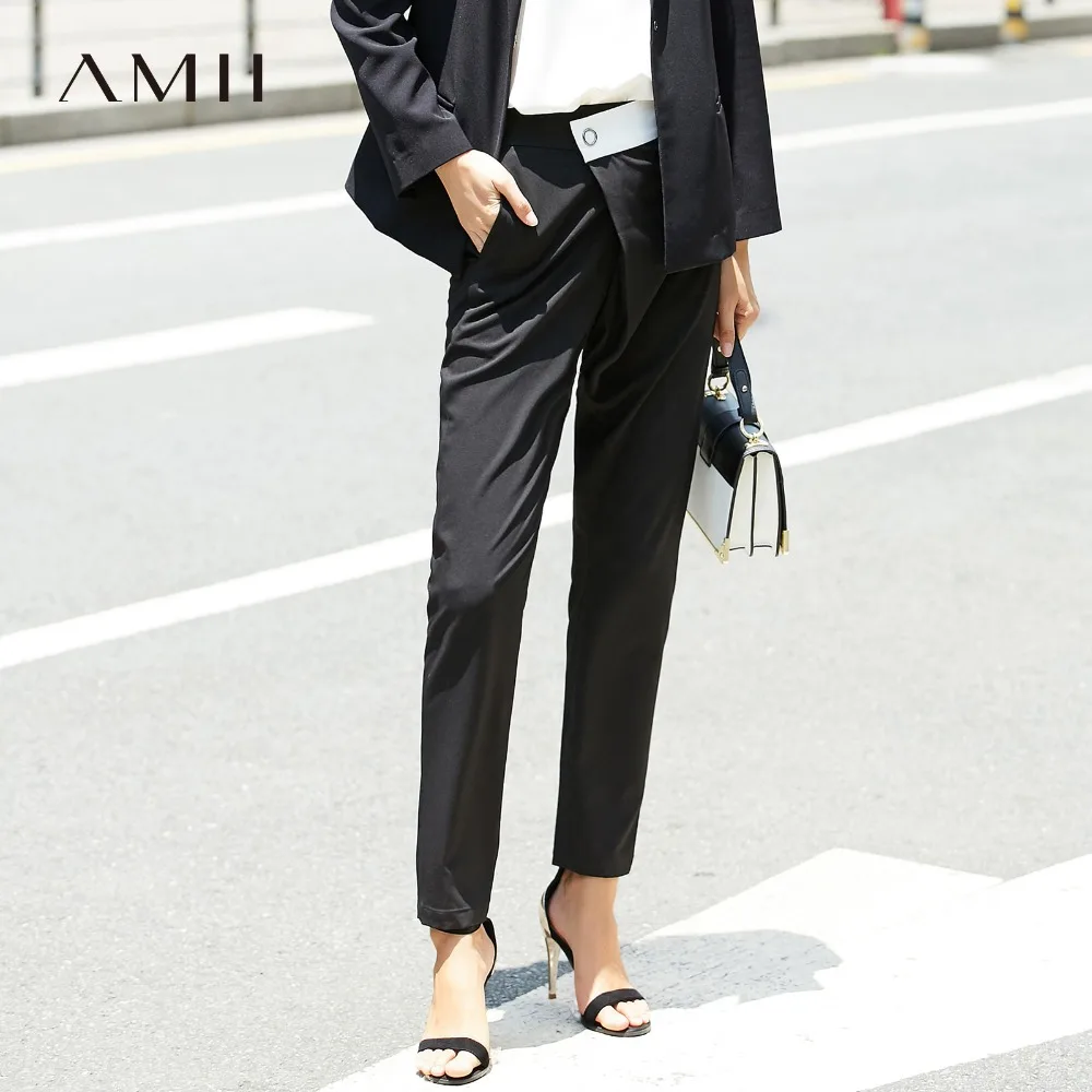

Amii Women Minimalist Pants 2019 High Waist Button Fly Asymmetric Contrast Color Long Female Trousers