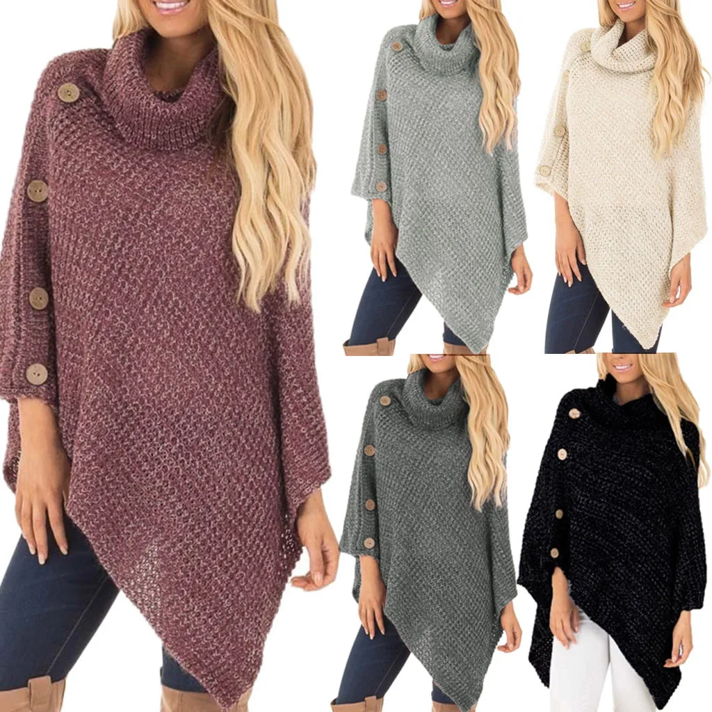 Sweater Women Autumn Winter Warm Outwear Loose Knit Turtle Neck Poncho Button Irregular Hem Pullover Sweater casaco feminino#O