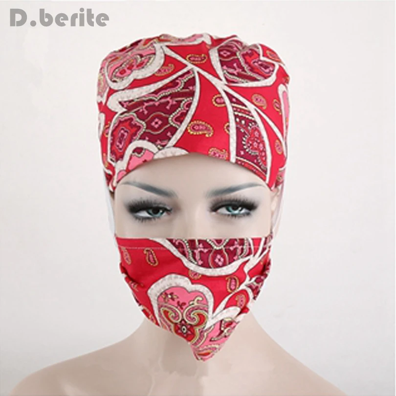 

Flower Printing Scrub Cap Cotton Nursing Cap Adjustable Medical Surgical Surgery Hat + Mask Unisex Skullies & Beanies DAJ9062