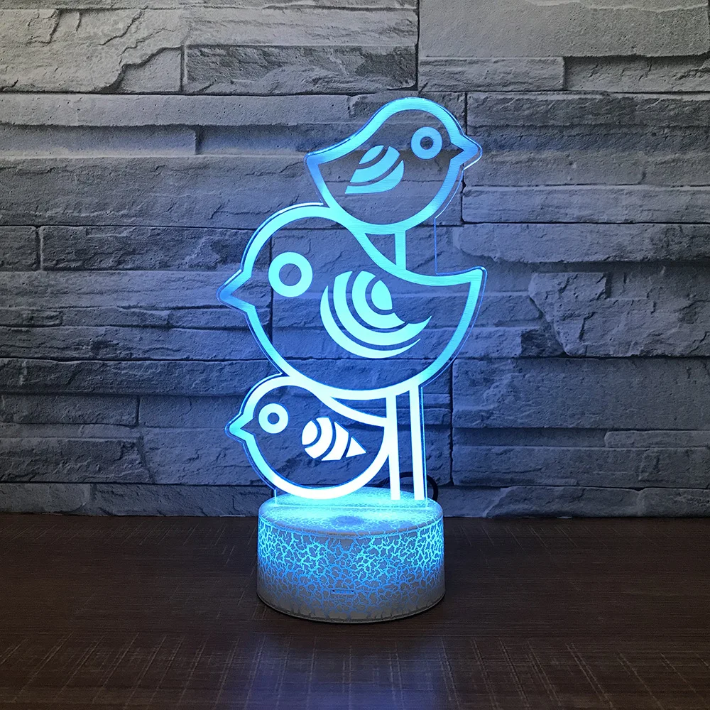 Три птицы 3D Crackle лампа 7 цветов Burst Led ночные лампы для детей Touch Usb настольная