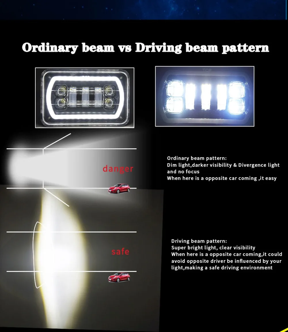 4X6 Автомобильный светодиодный головной светильник, квадратный светильник, белый ореол, DRL, янтарный сигнал поворота, герметичный, Высокий/Низкий Луч, замена для Ford Trucks Offrord