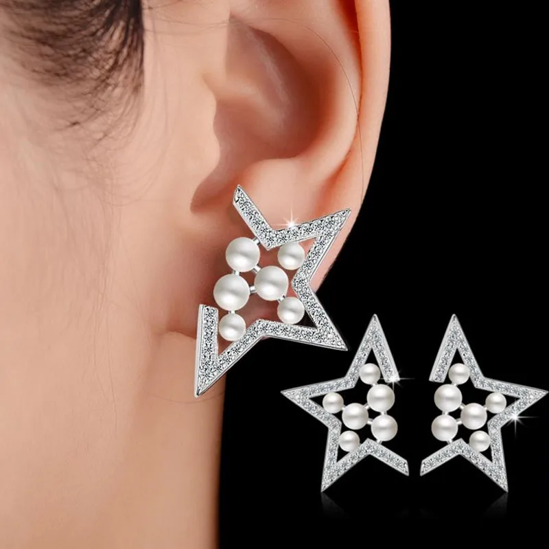 

TJP Unique Star Shaped Pearl Women Silver 925 Earrings Jewelry Lady Gift Fashion Crystal Stones Stud Earrings For Girl Accessory