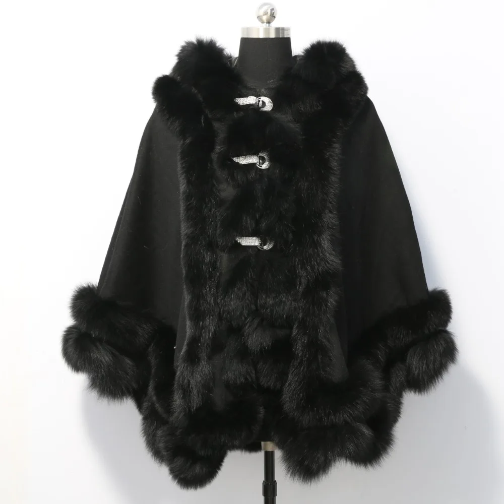 Двойной витой бренд Fox Fur Trim кашемировое пончо для леди