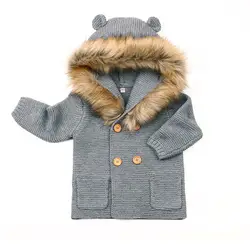 Зимний теплый вязаный свитер для новорожденных мальчиков, куртка с капюшоном и меховым воротником, вязаный кардиган для маленьких
