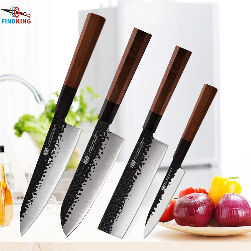 

FINDKING 4 pcs Clad Steel Japanese Professional Octagonal Handle Kitchen Knife Nakiri Santoku Utility Knives