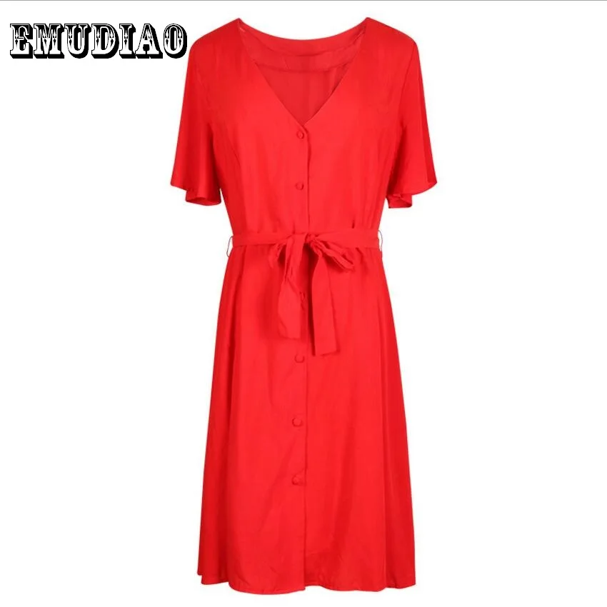

sping & summer fashion women casual red black simple V-neck dress female short-sleeved solid color temperament lady dress