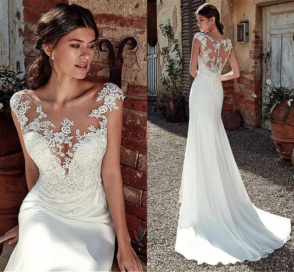 Vestidos Для женщин скромные атласный шифон Русалка с коротким рукавом Свадебные Dress2019 кружевное, из легкой ткани, с аппликацией Свадебное