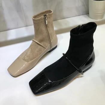 

Patent Leather Women Boots Square Toe Knight Boots Flats Shoes Woman Flock Botas Mujer iNS Thigh High Botas Mujer Belt Booties