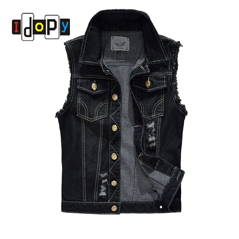 Fashion Men`s Black Denim Vest Ripped Acid Washed Distressed Slim Fit