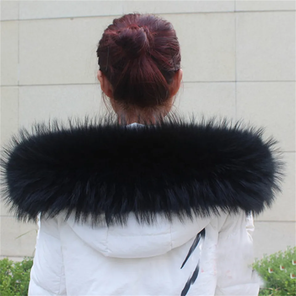 Женское пальто с воротником из натурального меха, зимняя теплая шаль, толстый енотовый меховой воротник-шарф, теплый меховой воротник-шарф - Цвет: Черный