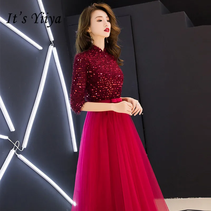 

It's YiiYa Evening Dress Half Sleeve Sequined Long Prom Dresses Floor Length High neck Zipper A Line Plus size Party Gowns E101