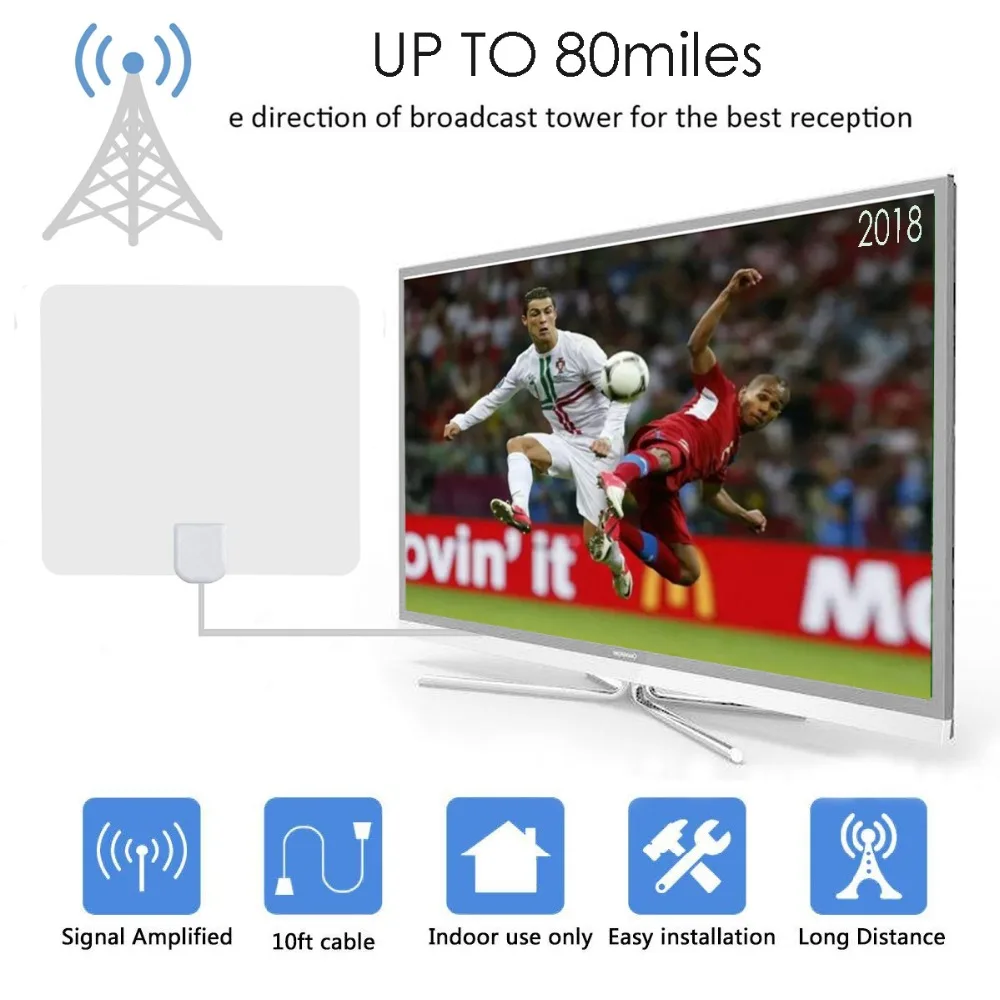 80 Miles Digital HDTV Indoor TV Antenna with Signal Amplifier Booster TVFox TV Fox Surf Freeview DVB-T2/DVB-T/ATSC TV Receiver 