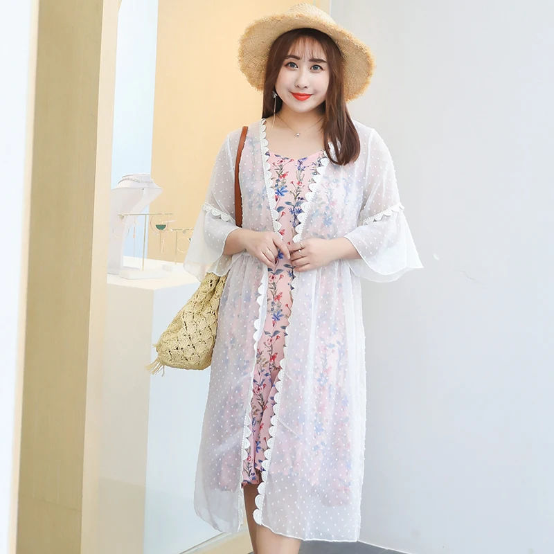 

MINSUNDA Plus Size Lace Contrast Dot Mesh Kimono Cardigan Summer Flare Sleeve Sheer Beach Kimono Women Longline Vacation Kimono
