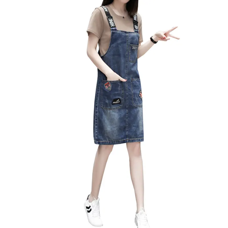 

Women Denim Dress+Long Sleeve T-Shirt Two-Piece Sets Spaghetti Dress Plus size 4XL Summer Sling Dress Jean Female Vestido TY331