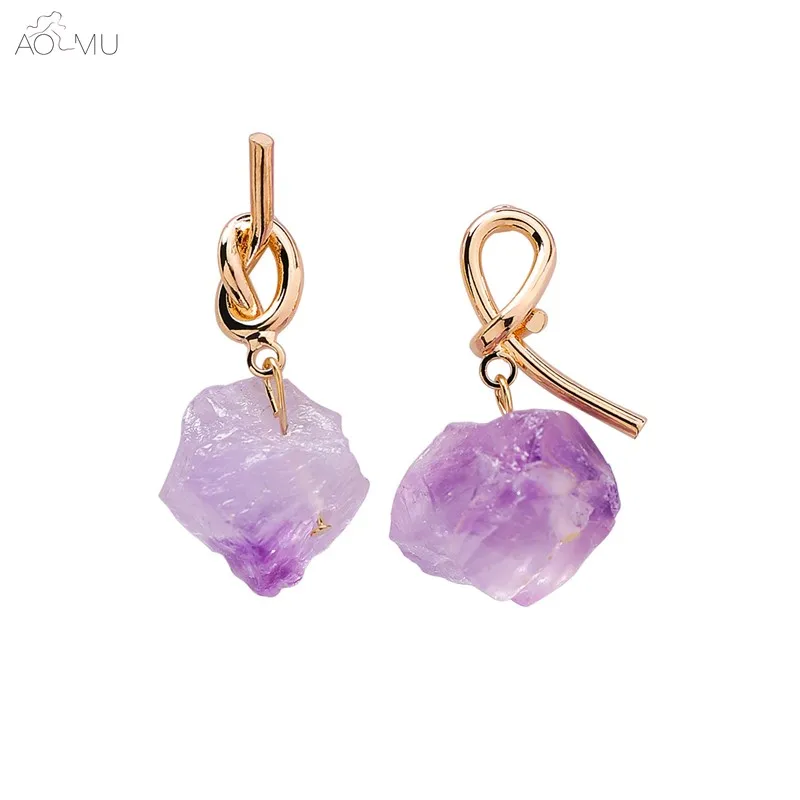 

AOMU 2019 New S925 Sterling Silver Pin Metal Gold Irregular Stone Knot Drop Earrings for Women Girl Wedding Jewelry