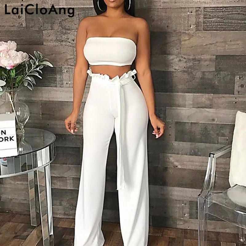 

LaiCloAng Strapless Sexy Two Piece Set Jumpsuit Autumn Sashes Loose Rompers Womens Jumpsuit Backless Casual Bodysuit Women 2018