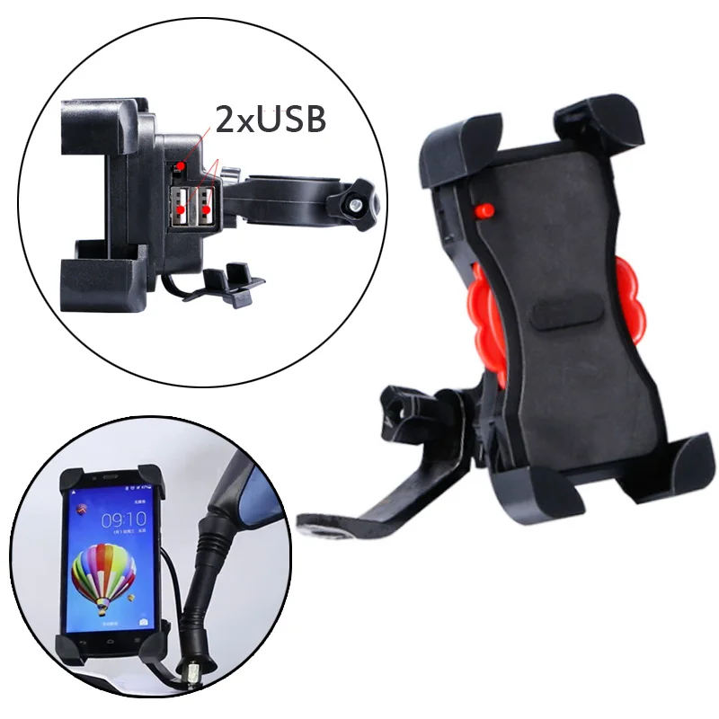 

Motorcycle Scooter Mobile Phone Holder with double USB charger socket Handlebar install Stand For Moped ATV Motorbike