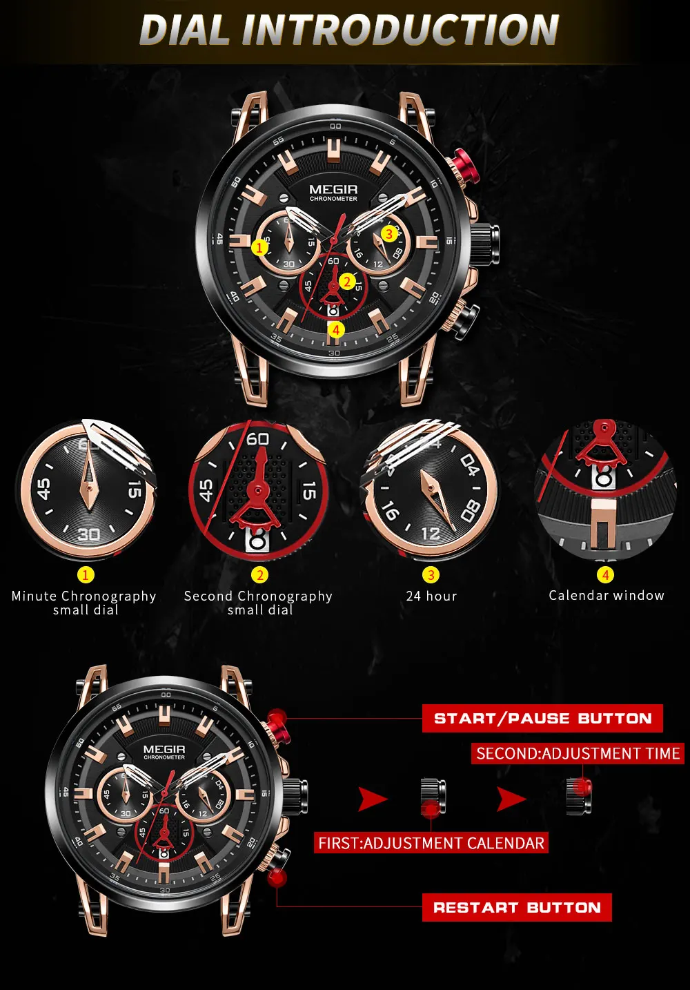 Megir кварцевые часы с кожаным ремешком для отдыха для мужчин, 24 часа, хронограф, 3 АТМ, водонепроницаемые армейские спортивные наручные часы, Relogios 2085Rose