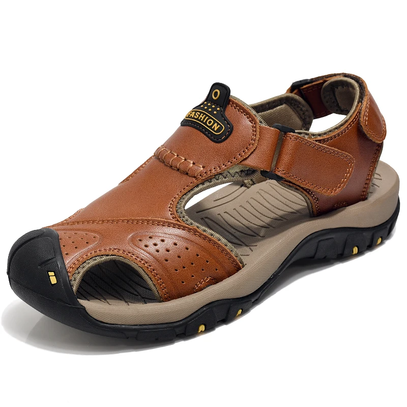

2019 New Sandalia Male Casual Hiking Genuine Leather Men Outdoor Walking Sneakers Summer Bicycle Shoes Brown Khaki