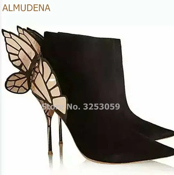 ALMUDENA/великолепные ботильоны наивысшего качества с объемной бабочкой; цвет золотистый, металлик; черные замшевые модельные туфли-лодочки с острым носком и золотым каблуком - Цвет: as picture