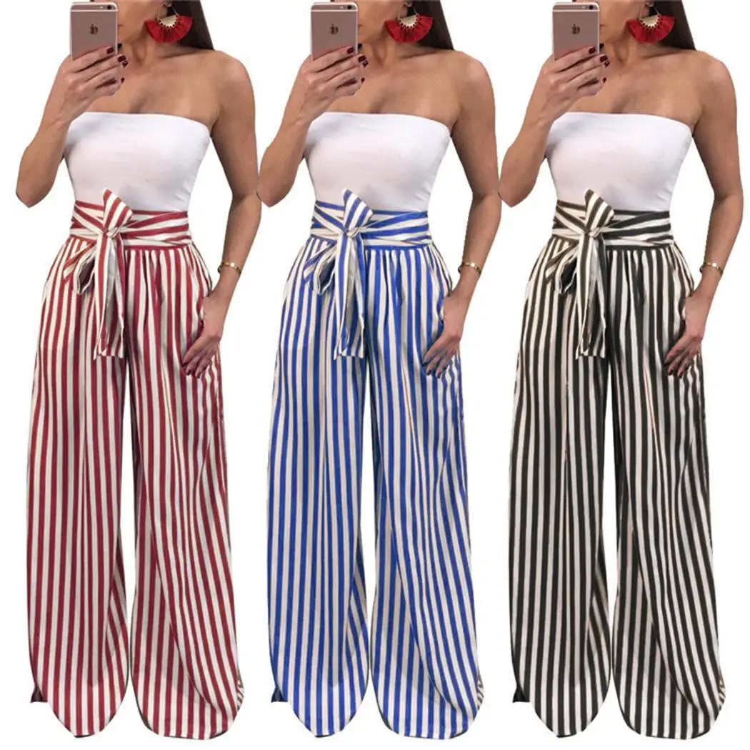 

Women Fashion Casual High Waist Waistbelt Striped Full Length All Seasons Wide Leg Pants