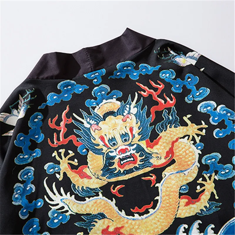 Bebovizi Vintage Chinese Style Chinese Dragon Printed Kimono Jackets Hipster Loose Thin Robe Mens Harajuku Streetwear Coat