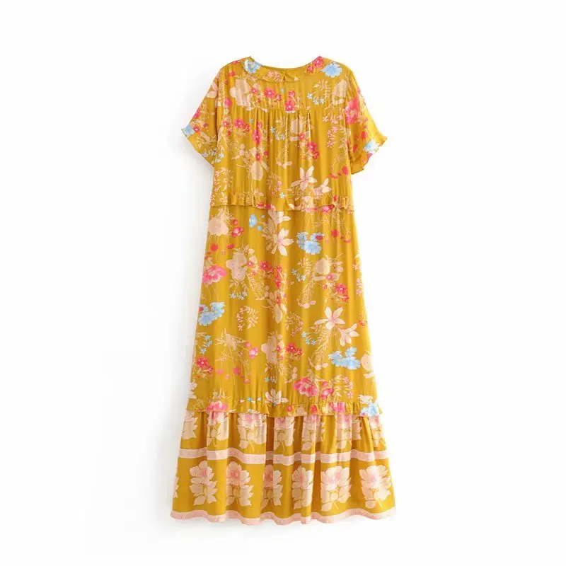 Everkaki винтажное шикарное женское платье с цветочным принтом и коротким рукавом, богемное хлопковое платье макси из вискозы, женское платье с v-образным вырезом и оборками, свободное платье в стиле бохо