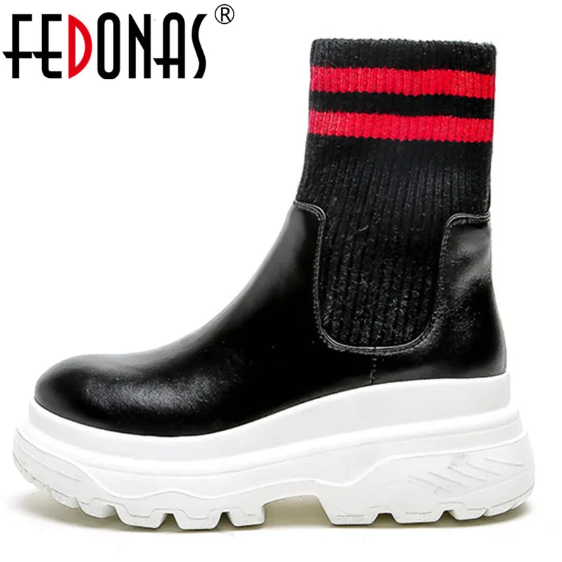 

FEDONAS New Socks Boots Women Genuine Leather Wedges High Heels Party Club Shoes Woman Platforms Warm Ankle Boots Slip On Shoes