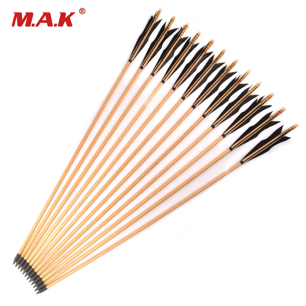 

6/12/24 Pcs Wooden Arrow Length 80cm Diameter 8.5 cm Black Feathers For Compound Bow Archery Hunting Shooting