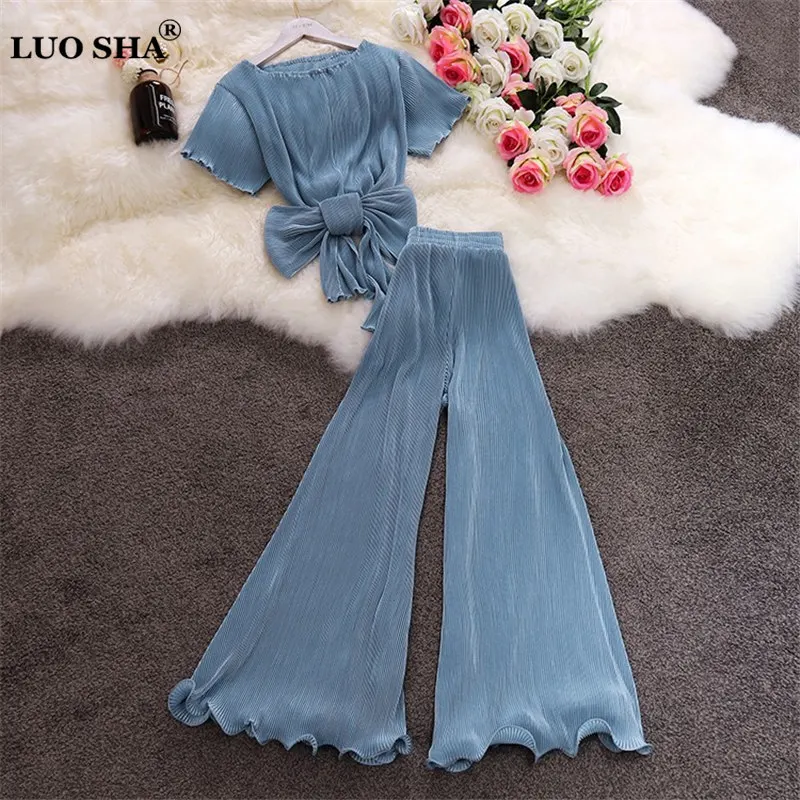 

LUOSHA Women 2019 Spring Summer Short Sleeve Bow Sashes Tops AND Wide Leg Trousers Suit High Waist Pleated Ruffles Pants Set
