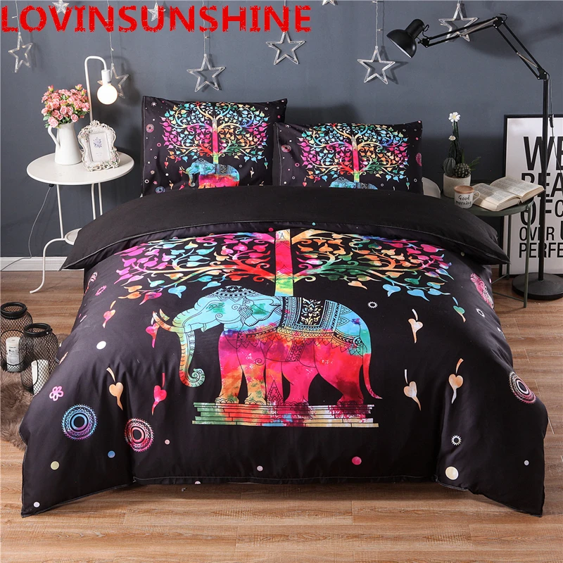

Black Bedding Set Colorful Bohemian Print Duvet Cover and Pillowcase Indian Elephant Exotic Bedclothes Multi Sizes new fashion