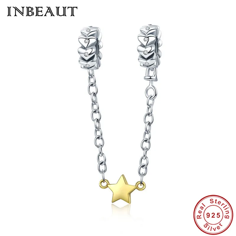 

INBEAUT Cute Trendy 925 Sterling Silver Gold-color Star Heart Stackable Beads Safety Chain Charm fit s925 Bracelet for Women