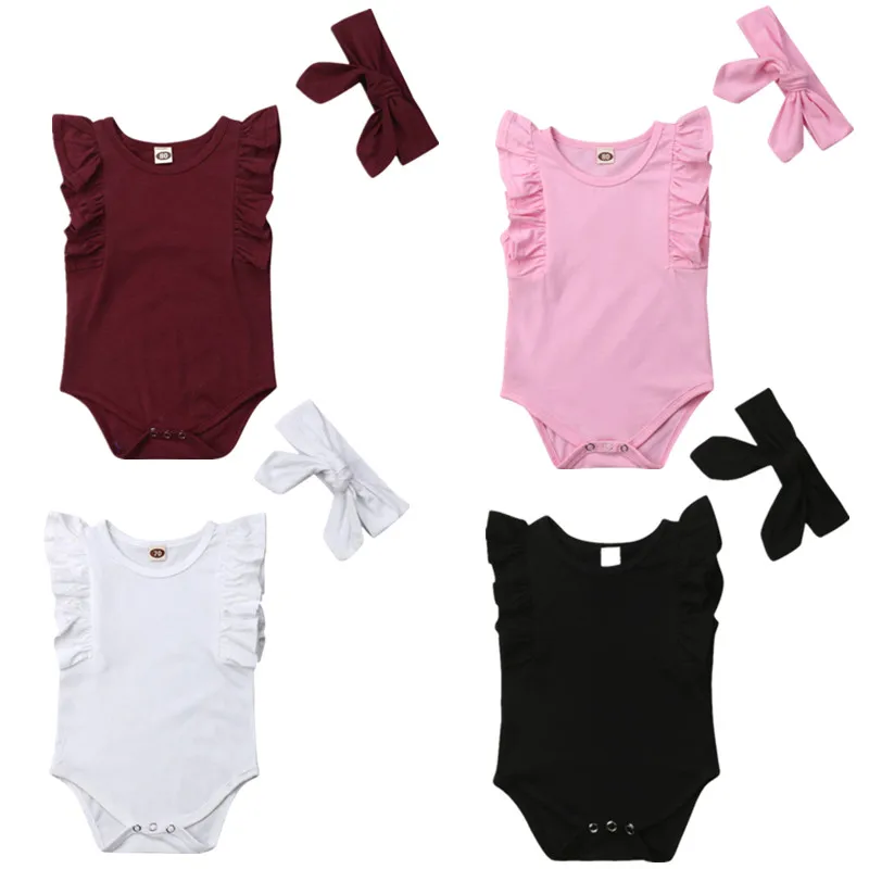 

Infant Baby Girl Ruffle Romper Solid Jumpsuit Headband Clothes 0-24M Baby Clothing