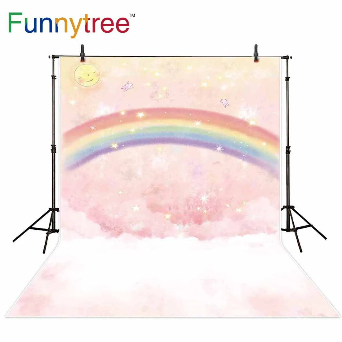 

Funnytree backgrounds for photography studio rainbow pink sky cartoon kids sun stars bokeh backdrop photocall photobooth