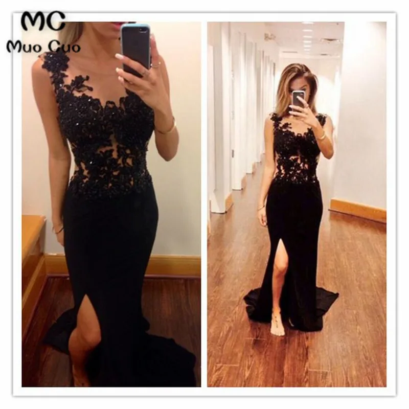 Elegant 2018 Black Mermaid Evening Dresses Long with Lace Appliques Beaded Front Slit Formal Evening Party Dress Custom Made Elegant 2018 Black Mermaid Evening Dresses Long with Lace Appliques Beaded Front Slit Formal Evening Party Dress Custom Made