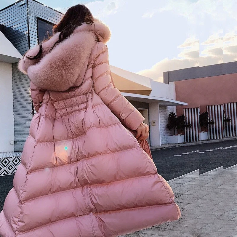 2019 Women Winter Fur Duck Down Coat Hooded Jacket Slim Long Parka Outwear