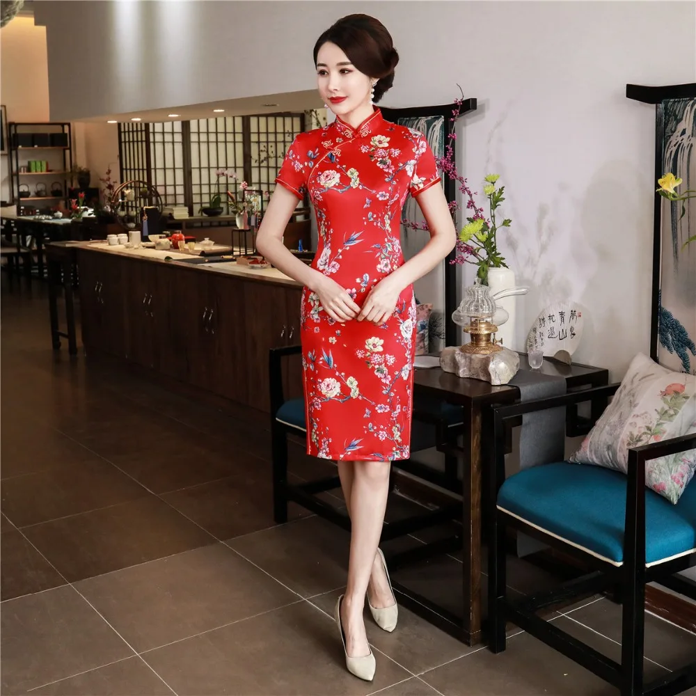 Шанхай история короткий рукав цветочный Qipao длиной до колена cheongsam платье китайский Восточный платья для женщин