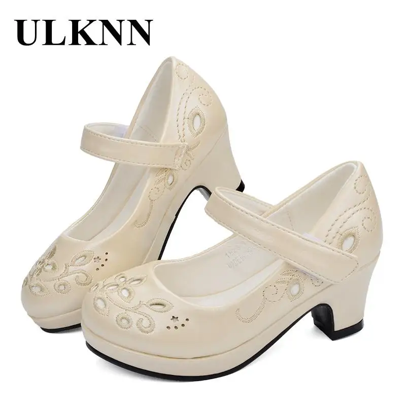 ULKNN/босоножки на высоком каблуке для девочек; обувь принцессы для девочек; подростковая обувь для вечеринок; сандалии для девочек из микрофибры с вышитыми цветами