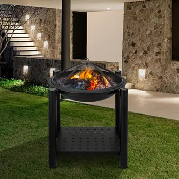 

Outdoor Four Feet Iron Brazier 22" Backyard Poolside Garden Wood Burning Fire Pit Decoration With A Shelf