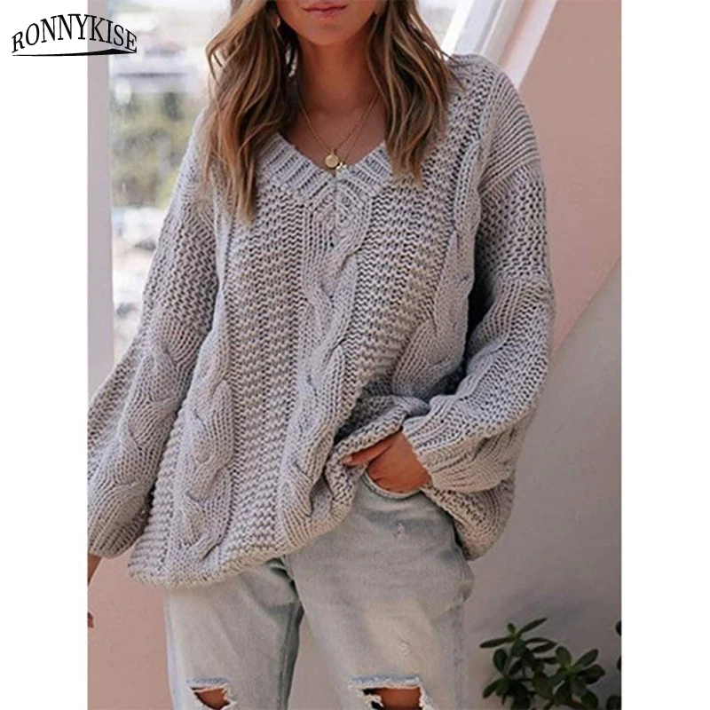 

RONNYKISE Winding Knitted Sweaters Women Fashion Long Sleeve O-neck Sexy Sweaters Pullovers Auutumn Winter Casual Sweaters