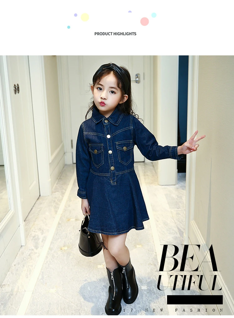 Baby Dresses Girls Children's Toddler Girls Recreational style High-end denim Dresses lapel princess Dress for 3-14Y girls kids clothing (10)