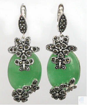 

Bridal jewelry free shipping hot sell NATURAL GREEN JADE 925 STERLING SILVER & MARCASITE FLOWER EARRINGS
