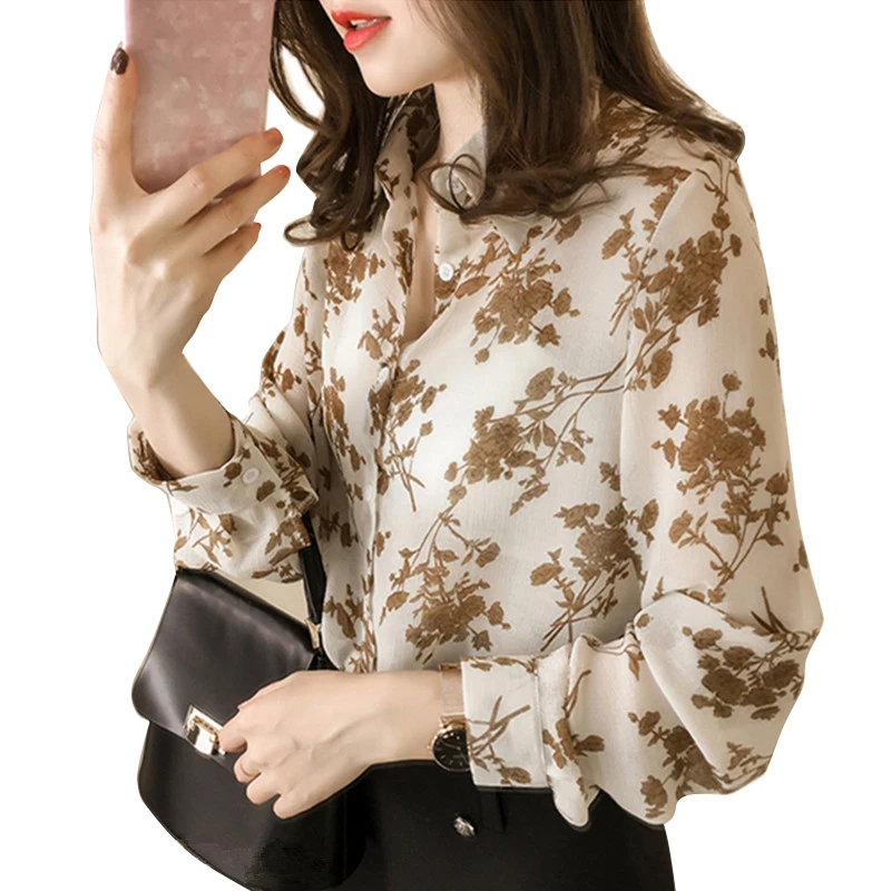 Новые офисные Кнопка Вверх блузка Для женщин рубашка Топ Для женщин s Топы и блузки Плюс Размеры 4XL с длинным рукавом Осень цветочный блузка