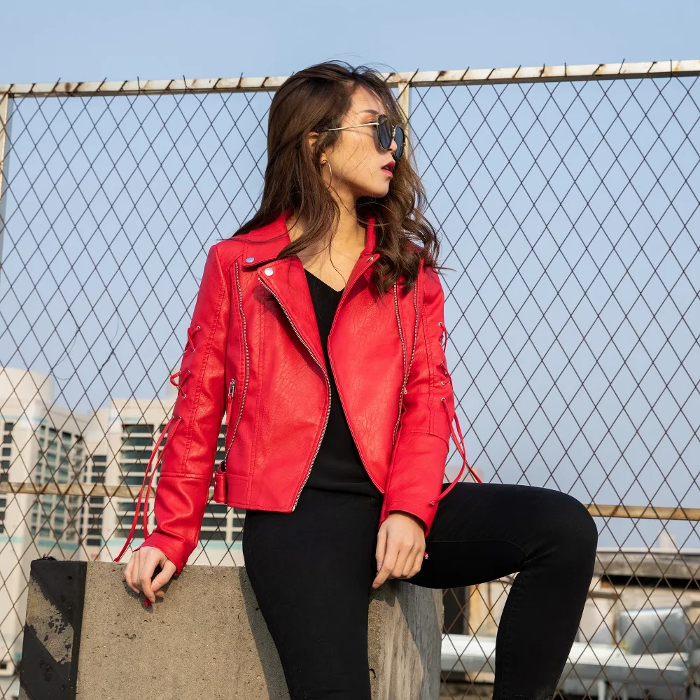 

Women Faux Leather Jacket high quality Vintage Biker Coat Short Zipper Motorcycle PU Red Jacket Spring Street Leather Coat Black