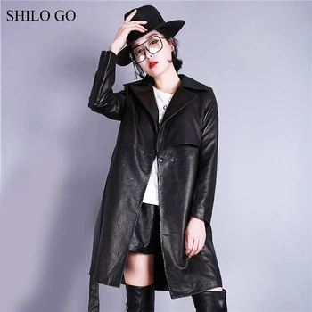 

SHILO GO Leather Trench Womens Spring Fashion sheepskin genuine leather long coat lapel collar single button belt loose Casual