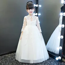 Glizt/белые свадебные платья для девочек; кружевные вечерние платья принцессы с длинными рукавами и аппликацией из бисера; платье для первого причастия для детей